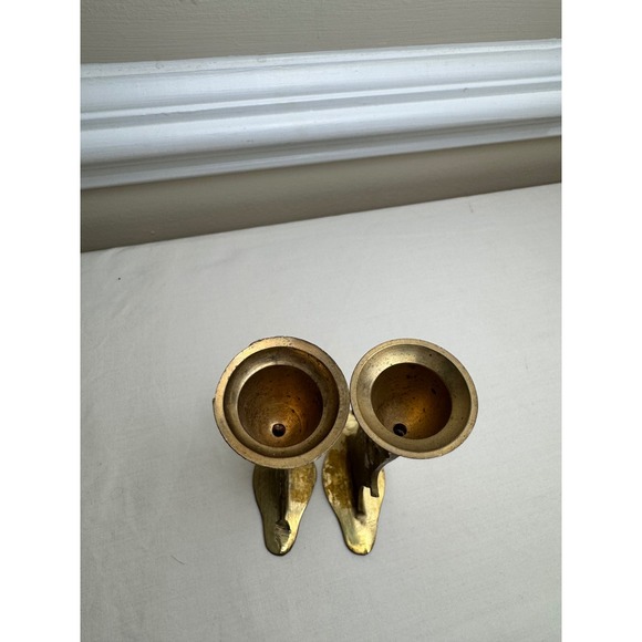 Vintage Brass Angel Candle Holders Set 2 Trumpeting Angels Brutalist Style MCM
